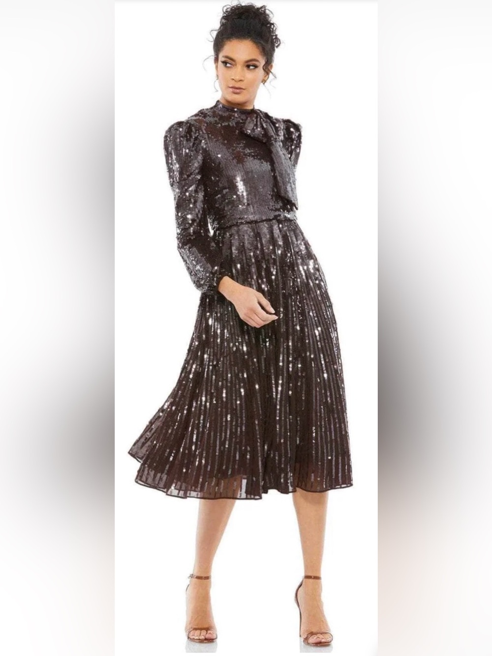 NWT Mac Duggal Size 8 Brown 93642 Long Sleeve Sequin Tea Length Cocktail Dress